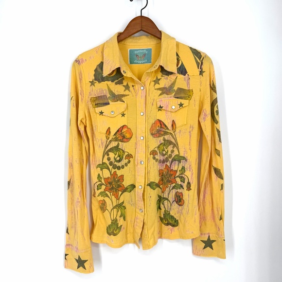 Vintage Tops - 🔥Vtg Y2K Butterfly Dropout Yellow Graphic Pearl Snap Floral Western Button Shirt